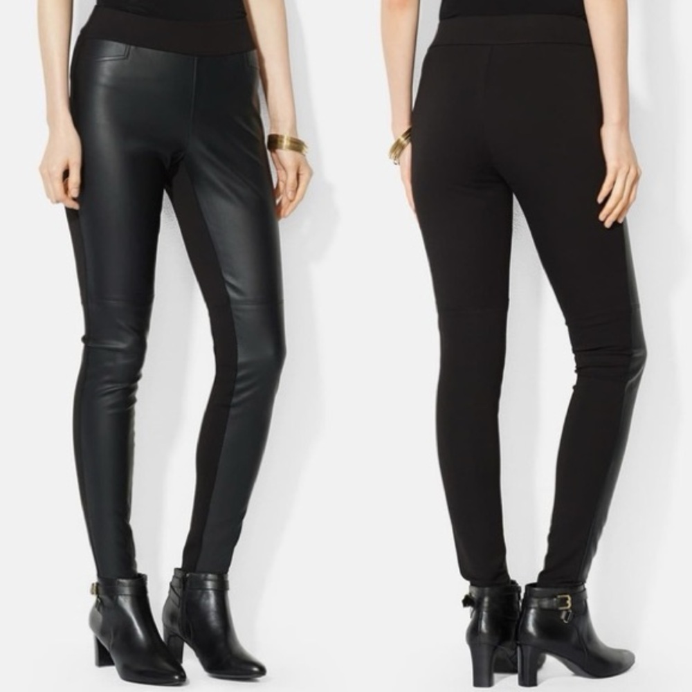 Ralph‎ Lauren Black Faux Leather Vegan Ponte Coated Leggings High Rise Size 12
